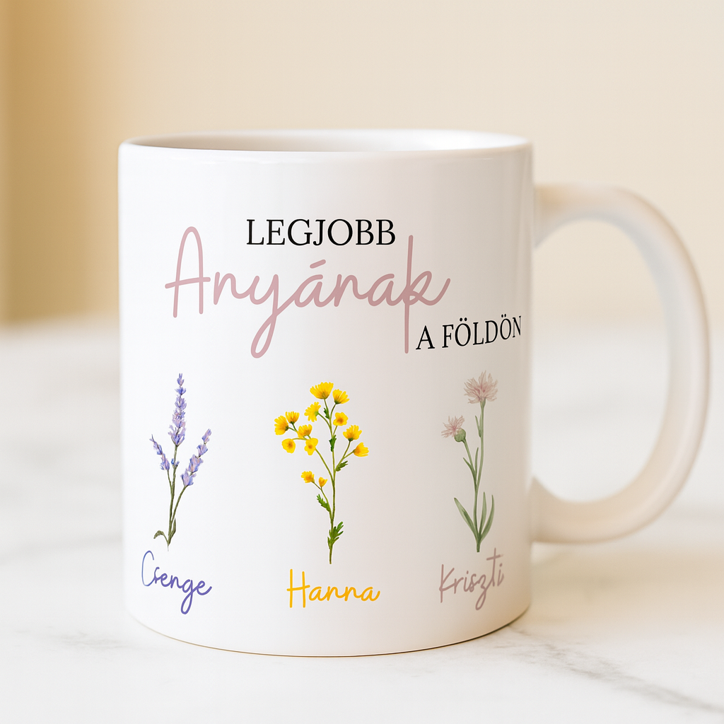 Személyre szabott virágos bögre – "Legjobb Anyának a Földön" 🌸